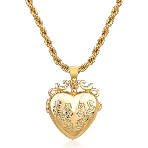 Gold Locket Necklace for Women Vintage, Heart Star Moon Butterfly Angel Holds Picture Photo Oval Locket Pendant Memorial Necklace Personalized Celestial Jewelry Birthday Gifts - style: Flower Heart