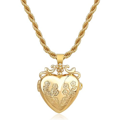 Gold Locket Necklace for Women Vintage, Heart Star Moon Butterfly Angel Holds Picture Photo Oval Locket Pendant Memorial Necklace Personalized Celestial Jewelry Birthday Gifts - style: Flower Heart