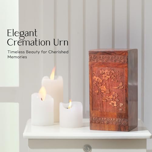 Cherry Blossoms Adult Ashes Urn 10 Inch, Wooden Memorial Urns for Female | Decorative Cremation Urns for Men, Burial Urn 200 Cu" for Adult Human Ashes
