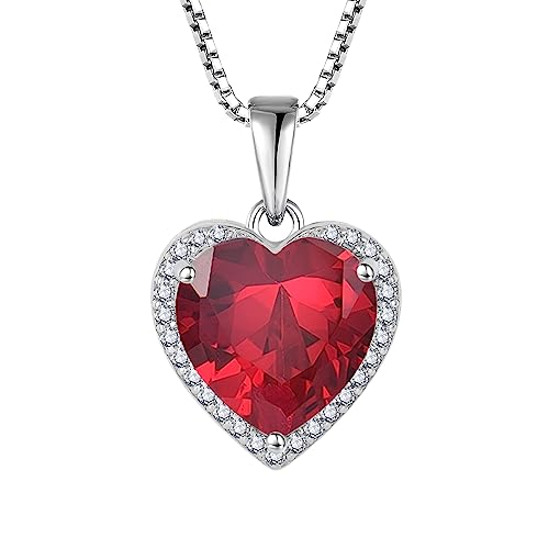 925 Sterling Silver Halo Heart Necklace for Women | Lwsary Love Heart Necklace, Heart Cut Birthstone Jewelry for Her - color: Deep Red
