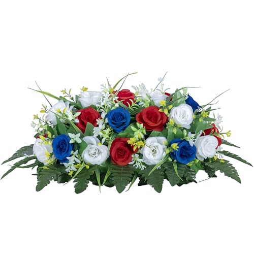 DONODA Cemetery Tombstone Flower Saddle - Outdoor Grave Decorations - Non-Bleed Colors, Rose Combination Flower. (Red, Blue, and White Saddle) - color: Red, Blue, and White Saddle