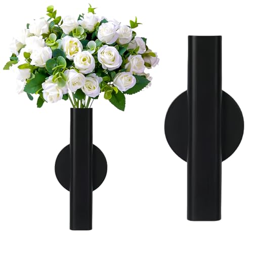 Self Adhesive Wall Vase Metal Tube Decoration Holder Used to Display Dried Flower, Faux Flowers, Fake Flowers, Also Suitable for Cemetery Memorial Decoration (1 Pcs Black) - color: 1 Pcs Black