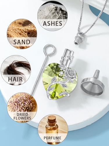 OCJ Heart Rose Flower Urn Necklace for Ashes Women Birthstone Cremation Necklaces Sterling Silver Memorial Cremation Jewelry Gifts - color: 08-Aug-Peridot