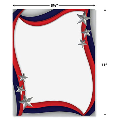 Spangled Stars Patriotic Letter Papers - Set of 25, American Flag stationery papers, 8 1/2" x 11", compatible computer paper, Patriotic Letterhead, 4th of July flyers, Veterans Day, Memorial Day - color: Spangled Stars