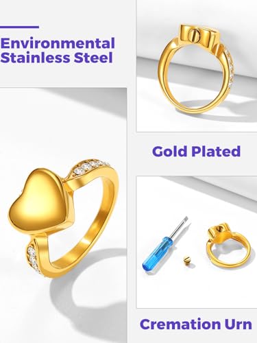 Richsteel Stainless Steel Heart/Claddagh Cremation Urn Ring for Ashes - color: 02-Gold-Heart