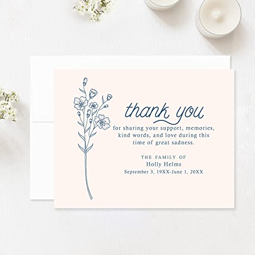 Funeral Thank You Cards, 5.5x4.25 (A2), Simple Blue Wildflower | Personalized, Sympathy Flat Thank You Notecards, With Envelopes