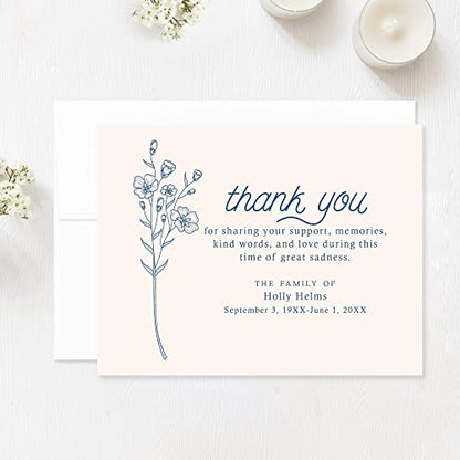 Funeral Thank You Cards, 5.5x4.25 (A2), Simple Blue Wildflower | Personalized, Sympathy Flat Thank You Notecards, With Envelopes