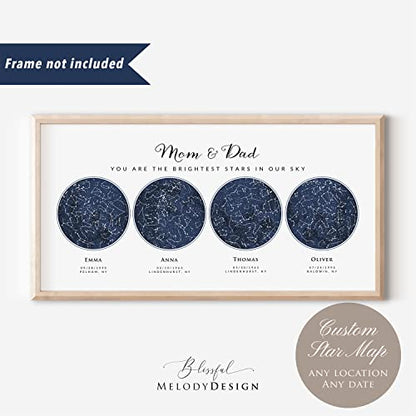 4 Skies Custom Star Map Print, Navy Watercolor Texture Zodiac Constellation Sky Map, Wedding Anniversary Birthday Gift For Him Her Husband Wife Mom Dad, Wall Art Prints (Four Circles B) - style: Four Circles B
