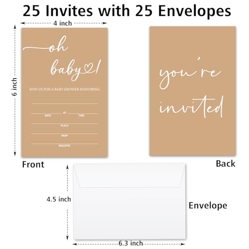 Oh Baby! Brown Baby Shower Invitations for Boys Girls, Minimalism Invite Cards for Baby Announcement, 25 Set of Fill-in Invites with Envelopes, Gender Reveal Party Supplies -B13 - color: Brown-Oh Baby