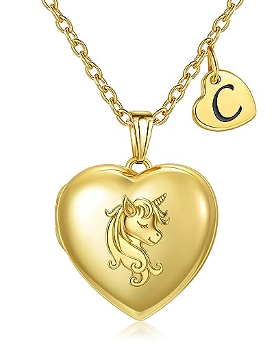 YOUFENG Heart Letter Unicorn Locket Necklace Initial Locket that Holds Pictures Locket Birthday Gifts - color: C