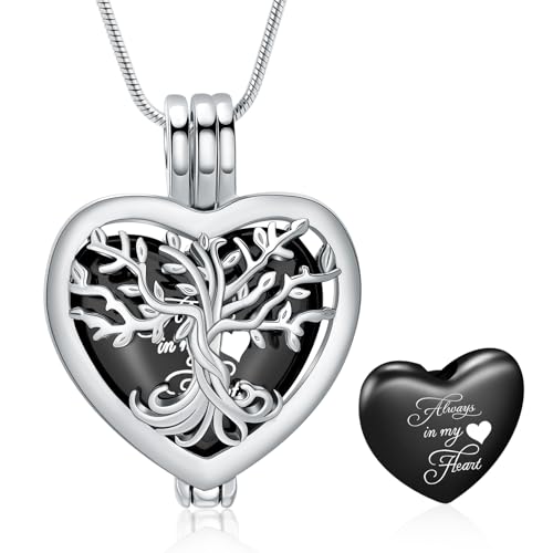Cremation Jewelry Tree of Life Heart Urn Necklace for Human Ashes for Women Men Always in My Heart Memorial Ashes Keepsake Pendant - color: Black