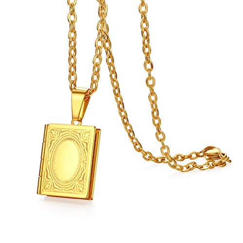 OIDEA Locket Necklace for Women Men: Stainless Steel Vintage Religious Bible Book Photo Locket Necklaces that Holds Pictures Jewelry Gifts - color: gold
