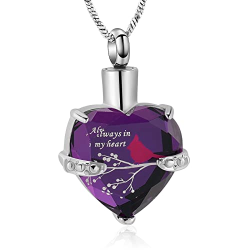 Yinplsmemory Cremation Jewelry Red Cardinal Urn Necklace for Ashes for Women Always in My Heart Urn Locket Pendant Memorial Jewelry - color: Purple