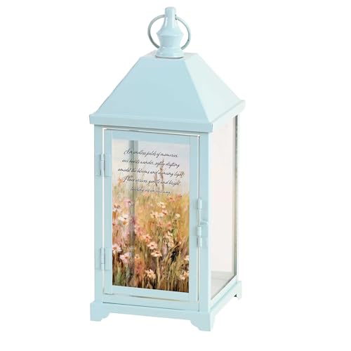 Magnolia Garden 14 Inch Sky Spring Blue Metal Traditional Lantern – LED Candle Bereavement Home Decor – Floral Design – “in Endless Fields of Memories, Our Hearts Wander - size: 5.25 x 5.25 x 14, style: In Endless Fields Of Memories