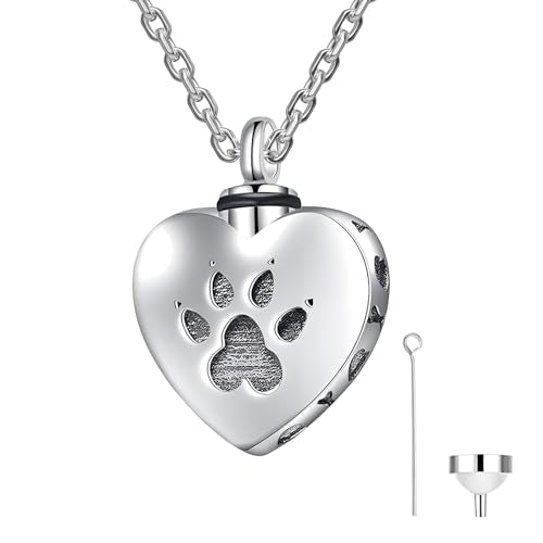 925 Sterling Silver Heart Pet Urn Necklace for Ashes - Dog/Cat Memorial, Paw Print Always in My Heart Engraved 18"
