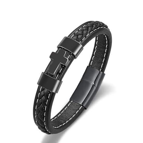 RIPFEVURN Cross Cremation Jewelry Black Urn Bracelet for Ashes for Women Men Memorial Ashes Leather Cuff Bangle Bracelet