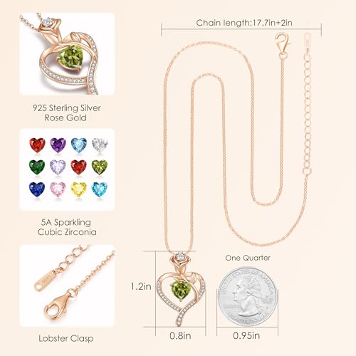 925 Sterling Silver Rose Love Heart Birthstone Necklaces for Women Jewelry | Hypoallergenic Nickel-Free & Lead-Free Pendant,Birthday Anniversary Christmas Gift for Women Wife Mom Girlfriend - color: Rose Gold-08-Aug