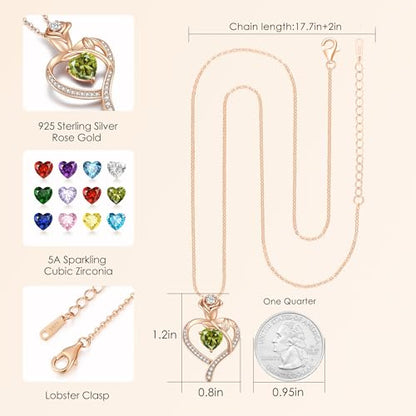 925 Sterling Silver Rose Love Heart Birthstone Necklaces for Women Jewelry | Hypoallergenic Nickel-Free & Lead-Free Pendant,Birthday Anniversary Christmas Gift for Women Wife Mom Girlfriend - color: Rose Gold-08-Aug