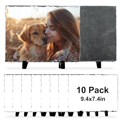 10 Pcs Sublimation Slate Blanks 9.4"x7.4", Sublimation Plaque Photo Slate Rock Stone Picture Frame Blanks Bulk with Display Stand for Gifts Memorials Desktop, Individually Packaged, Rectangular - size: 8"x10"(10 pcs)