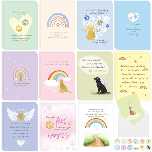 Motiskyy 48 Pack Pet Sympathy Cards for Dogs Cats Loss Sympathy Card Bulk with Envelopes and Stickers Loss of Pet Dog Cat Rainbow Bridge Condolences Gifts (Pastel) - style: Pastel
