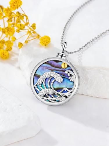 Urn Necklace for Women Sterling Silver Meaningful Memorial Jewelry | Paw Print/Butterfly/Dragonfly/Bird/Dolphin/Mountain/Tree of Life Urn Necklace for Ashes Cremation Keepsake Jewelry for Women - style: Abalone-Ocean Wave