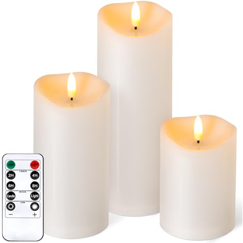 Outdoor Flameless Candles with Remote Timer - Waterproof Realistic Flickering LED Pillar Electric Battery Operated Fake Candle for Holiday Home Wedding Fireplace Decor - Ivory White 3 Pack (4”6”8”) - color: Ivory White, size: D3"H 4"6"8"