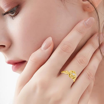 925 Sterling Silver Rose Flower Cremation Urn Ring Holds Loved Ones Ashes Cremation Keepsake Ring Jewelry Embellished with Crystals from Austria - color: Gold
