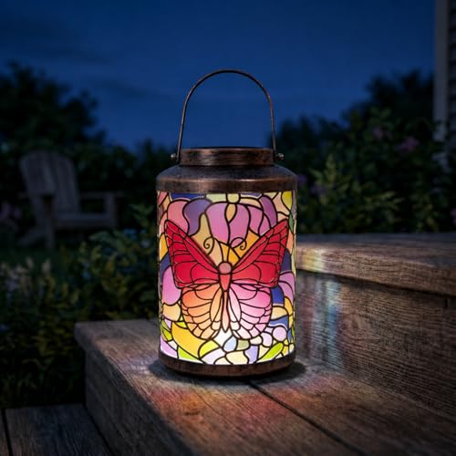 Solar Lanterns Outdoor Waterproof Butterfly Metal Hanging Light | Metal butterfly LED lantern with handle for hanging decor on patio, yard, porch, pathway and garden, gifts for women and mom - style: Butterfly