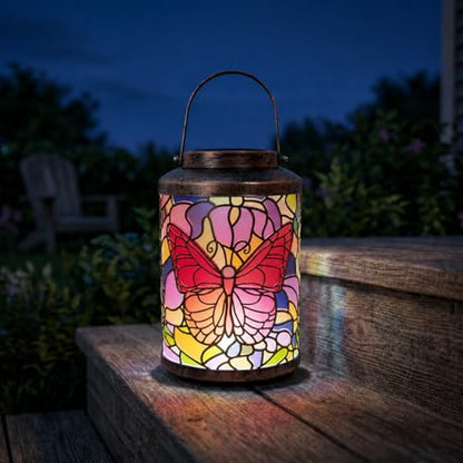 Solar Lanterns Outdoor Waterproof Butterfly Metal Hanging Light | Metal butterfly LED lantern with handle for hanging decor on patio, yard, porch, pathway and garden, gifts for women and mom - style: Butterfly