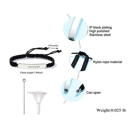 Urn Bracelet for Ashes Cremation Jewelry Braided Rope Adjustable Bangle Stainless Steel Memorial Bracelets Ash Holder Keepsake Jewelry-Always in My Heart - color: 2pcs-Silver/Black