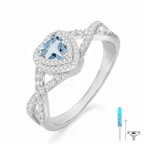 Birthstone Cremation Urn Ring for Ashes Heart Cut Birthstone with Moissanite Urn Keepsake Rings for Women 925 Sterling Silver Memorial Cremation Jewelry Hold Loved Ones Ashes Ring