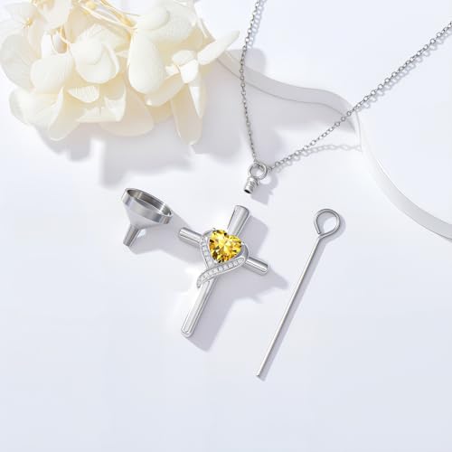TOUPOP Cross Urn Necklaces for Ashes Birthstone Cremation Jewelry 925 Sterling Silver Cross Memorial Keepsake Funeral Jewelry for Women (with Funnel Filler) - color: 11-November-Citrine