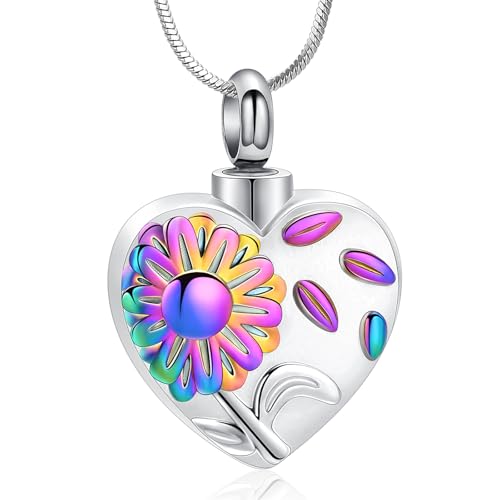 Urn Necklace for Ashes Sunflower Cross Necklace Cremation Jewelry Ashes Necklace for Human Women Pets Sunshine Pendant Keepsake Jewelry for Ashes - color: Rainbow