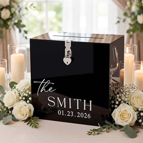Novabright 10 Inches Wedding Acrylic Card Box with Slot Lock and Last Name Transfers Money Box for Bridal Shower Wedding, Baby Shower Birthday Party, No Assembly Needed(Black,Classic Style) - color: Black, style: Classic Style