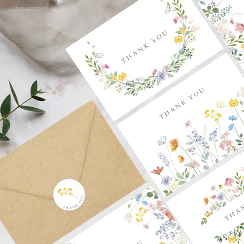 100 Pack Floral Thank You Cards with Envelopes, Watercolor Wildflower Thank You Notes with Kraft Envelopes Sticker for Birthday Wedding Baby Shower Bridal Shower Teachers Graduation, 4 x 6 Inch - color: 100pcs
