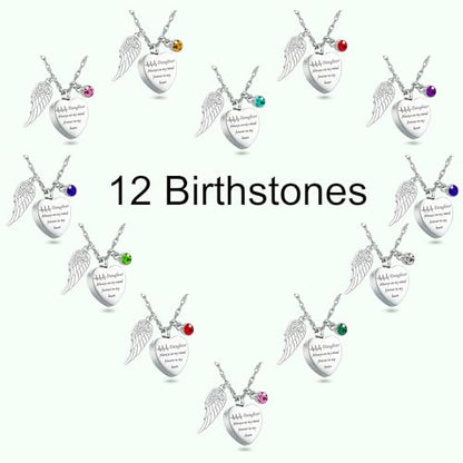 Gredstar Heart Urn Necklace for Ashes, ECG Memorial Pendant | Heartbeat Line, Angel Wing, 12 Birthstones, Stainless Steel, Screw Closure, Funnel & Box Included - style: Daughter