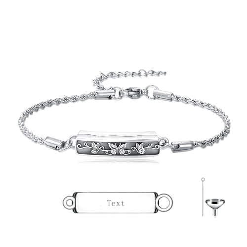 Urn Bracelet for Ashes for Women 925 Sterling Silver Bar Cremation Bracelet Cremation Memorial Keepsake Jewelry Gifts for A Loss of Loved Ones - style: Butterfly-Text