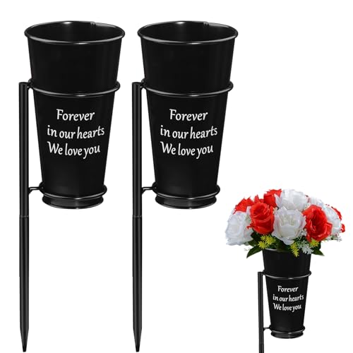 Metal Cemetery Vase Flower Holder with Spikes in Ground Grave Vases for Gravesite Gravestone Memorial Grave Markers Cemetery Decorations (2Pcs, Black) - color: Black