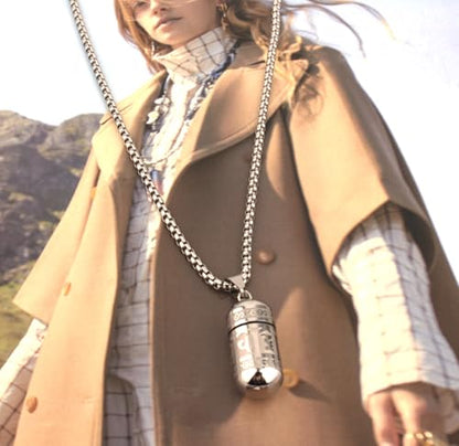 Tibetan Buddhist Meditation Stainless Steel Pendant Memorial Cremation Ash Pill Container Necklace 23.6+1.96" Chain - color: Silver