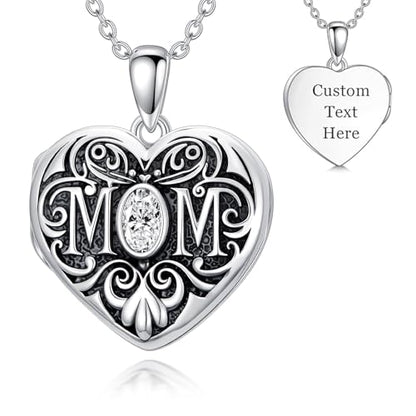 Mom Photo Locket Necklace 925 Sterling Silver Mothers Necklace Mother Photo Locket Pendant Mom Jewelry for Mother's Day - color: mom-text