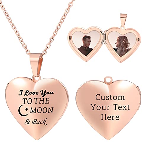 Personalized Heart Locket Necklace for Women with Picture Custom Inside Engraved Text Silver/Gold/Rose Gold Photo Locket Stainless Steel Memorial Gifts for Mom Daughter Grandmother - color: C3: I Love you to the Moon & Back (Rose Gold)