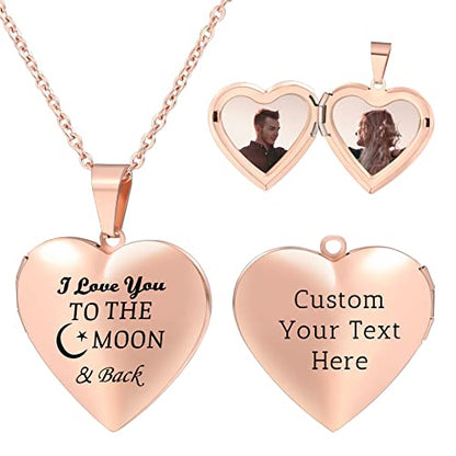 Personalized Heart Locket Necklace for Women with Picture Custom Inside Engraved Text Silver/Gold/Rose Gold Photo Locket Stainless Steel Memorial Gifts for Mom Daughter Grandmother - color: C3: I Love you to the Moon & Back (Rose Gold)