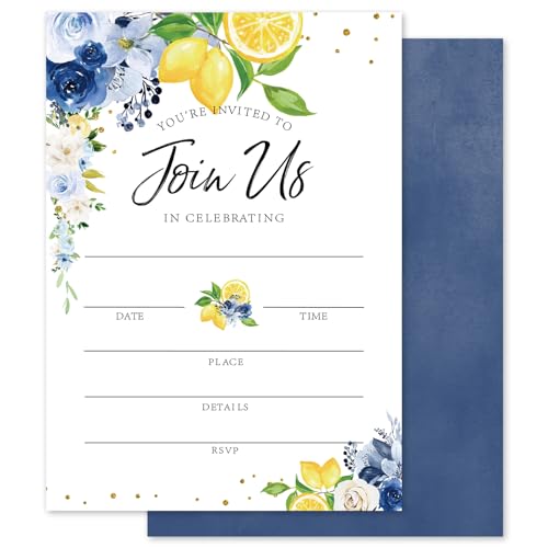 Whaline 25 Sets Invitations with Envelopes Stickers Watercolor Blue Floral Lemon Invitation Cards Fill in Blank Invites for All Occasions Wedding Bridal Baby Shower Birthday, 5 x 7 Inch - style: Blue Lemon Floral