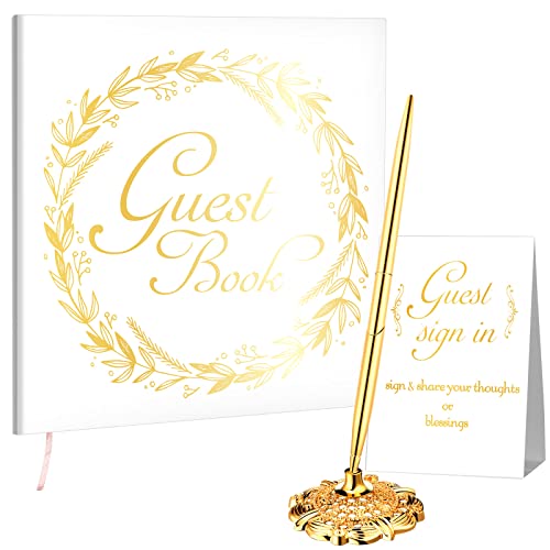 Wedding Guest Book with Pen Table Cards 9x9 Inch,Romantic Style | 50 Sheets Hardcover Sign in Book, Rose Gold Floral Design, Includes Metal Pen with Stand, Bridal Shower Baby Shower - style: Romantic Style