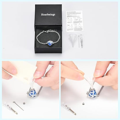 Hearbeingt Crystal Heart Urn Bracelet for Ashes Cremation Jewelry for Women - color: Silver-Blue stone