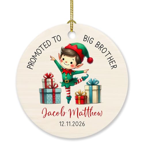Personalized Name & Date Promoted to Big Brother Ornament Christmas Keepsakes, New Big Brother ELF Ornaments Xmas Tree, Cute Brother ELF Sibling Gift for Christmas 2026, Ornament Cute Brothers - color: Promoted to Big Brother #1 Ornament