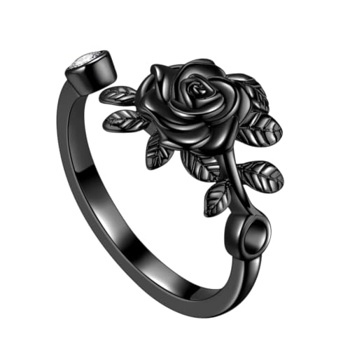Jewmon Adjustable Flower Rose Ring for Women 925 Sterling Silver/Gold Plated Rose Flower Open Ring Elegant Promise Ring for Women Romantic Jewelry for Birthday Valentine Christmas Day Gifts - color: C,Rose Ring - Black Gold Plated