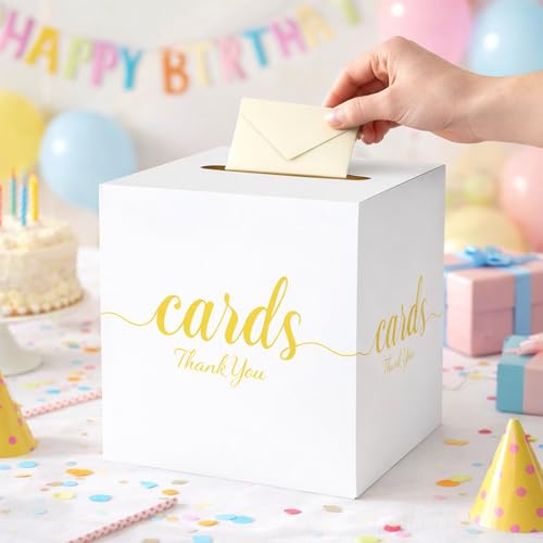 Wedding Card Box with Slot White Gold 7.8 in Baby Shower Party | Graduation, Birthday, Bridal Shower, Wedding Reception, Holds Cards & Envelopes, Gift Cards, Easy Assembly, Folds Flat - color: WhiteGoldThanks