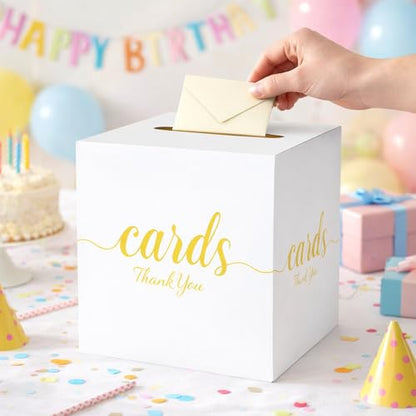 Wedding Card Box with Slot White Gold 7.8 in Baby Shower Party | Graduation, Birthday, Bridal Shower, Wedding Reception, Holds Cards & Envelopes, Gift Cards, Easy Assembly, Folds Flat - color: WhiteGoldThanks