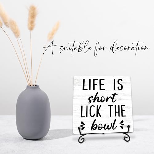 Life is Short Lick the Bowl Wooden Sign - 5" Funny Wooden Plaque With Metal Support - Rustic Tabletop Bathroom, Toilet, Kitchen Room Decor - Housewarming Gifts For Family & Friends - A01 - style: Life is Short Lick the Bowl